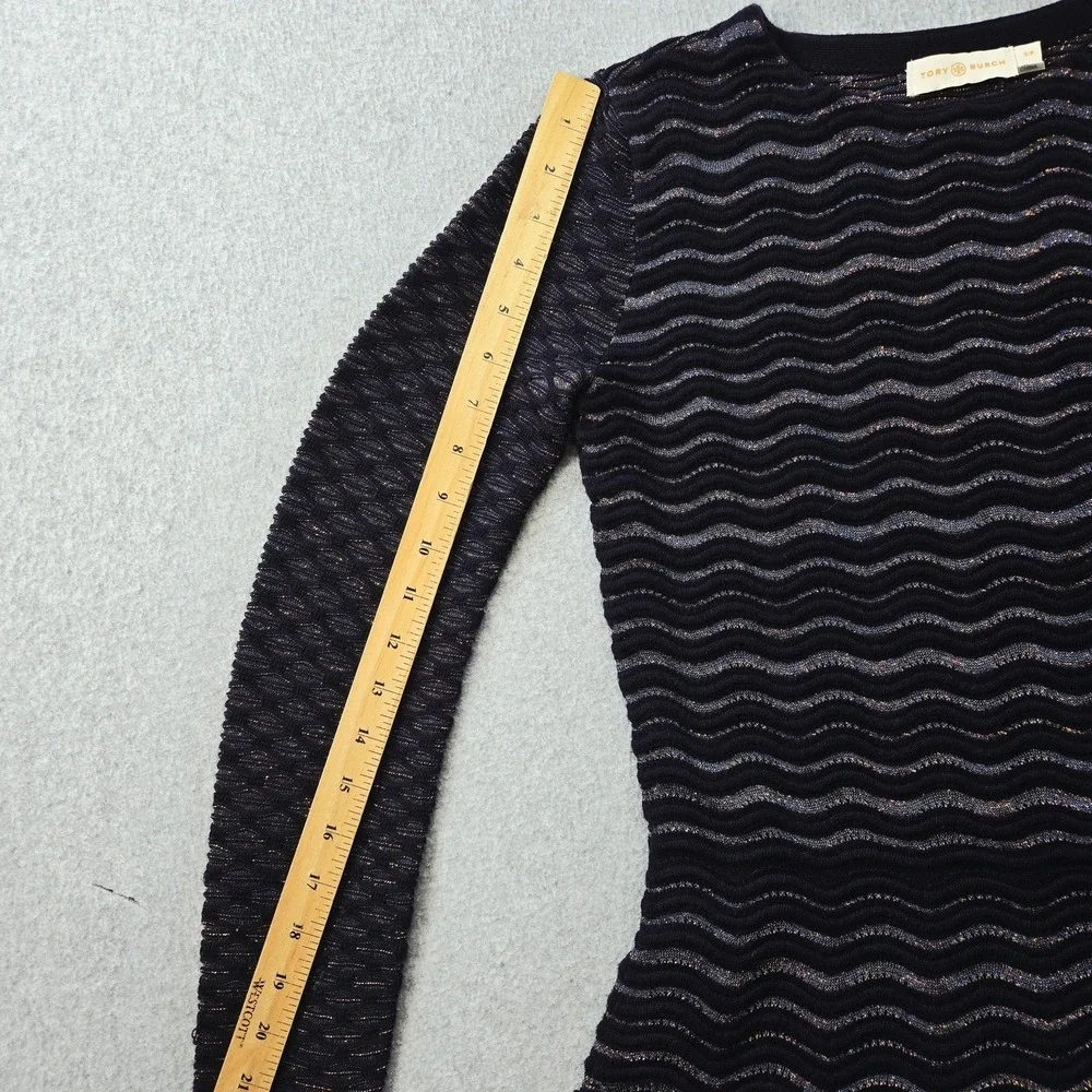 Tory‎ Burch Sweater Womens S Navy Metallic Wave Knit Crewneck Pullover Fitted